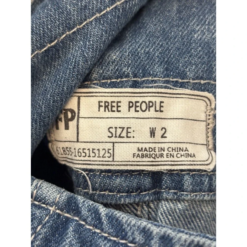 FREE PEOPLE Size 2 Blue Denim Overall Dress Frayed Mini Dress Y2k festival boho - Picture 2 of 11